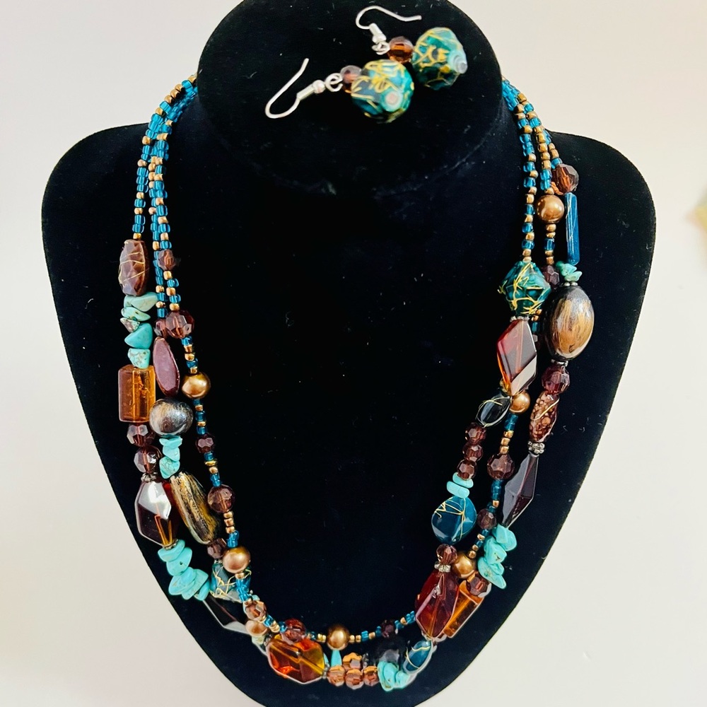 Boho Artisan Multiple Strand Beaded Necklace Matching Pierced Dangle Earrings